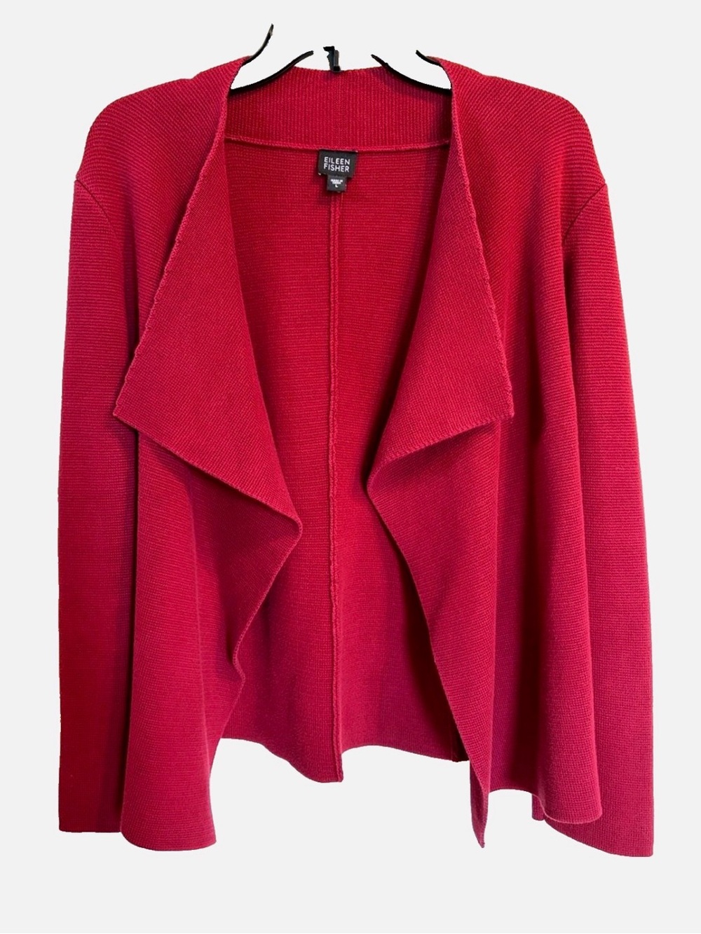 Eileen Fisher Draped Open Front Cardigan Jacket L Cotton Blend Burgundy Red Knit